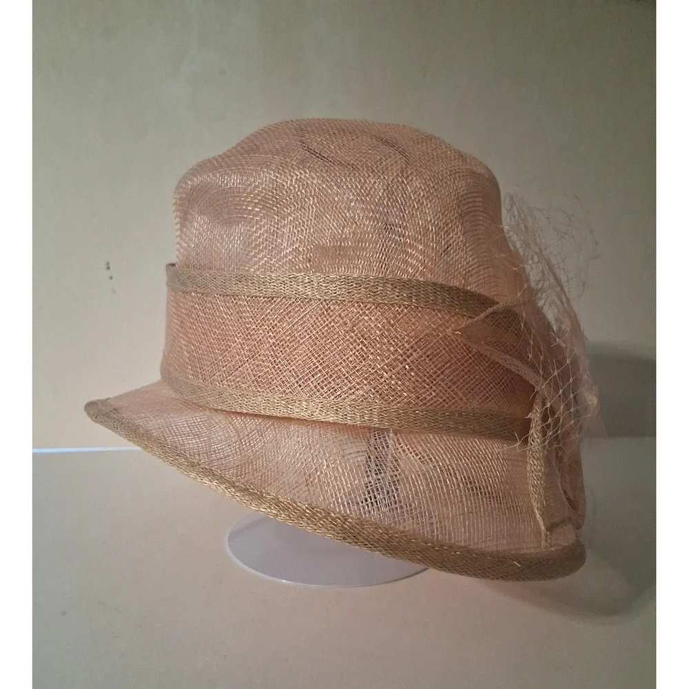 Women's Sinamay Cloche Pink Derby, Church, Wedding Hat Bow Netting Feathers